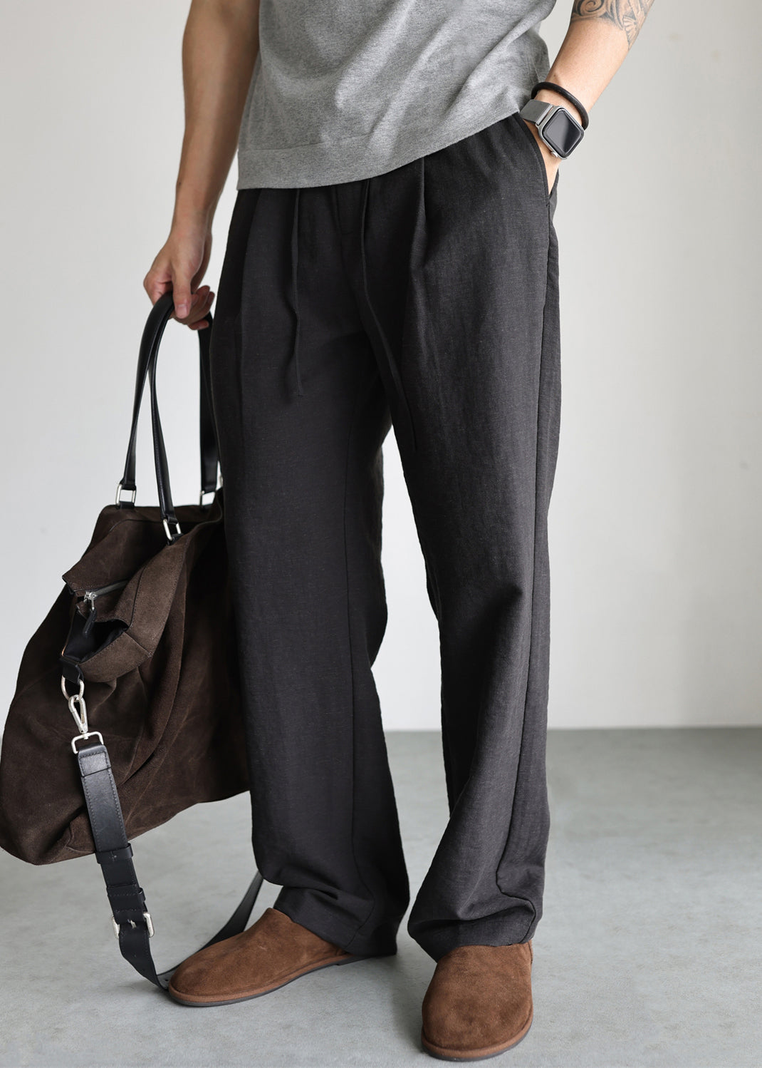 Black Pockets Linen Straight Pants Elastic Waist