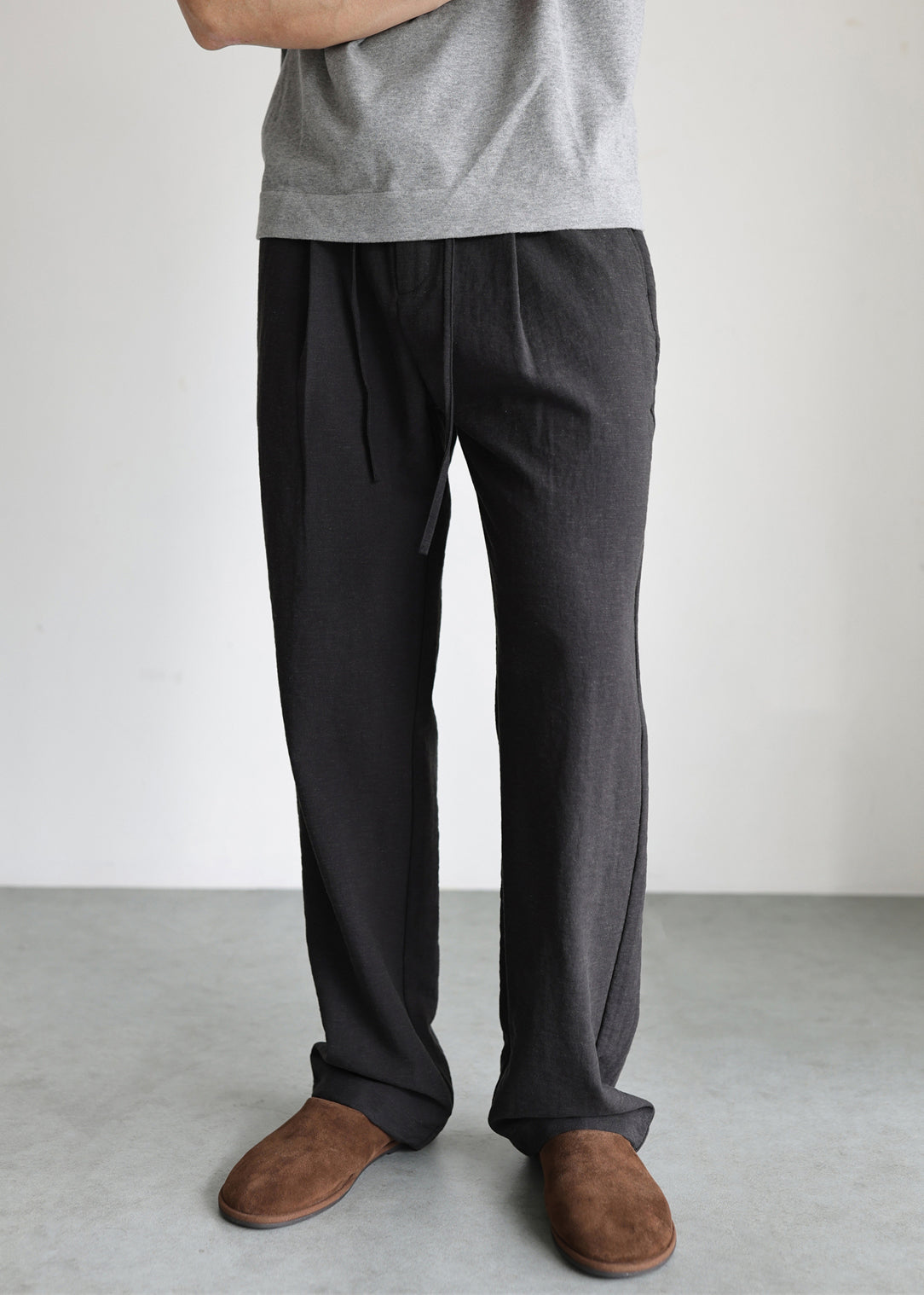 Black Pockets Linen Straight Pants Elastic Waist