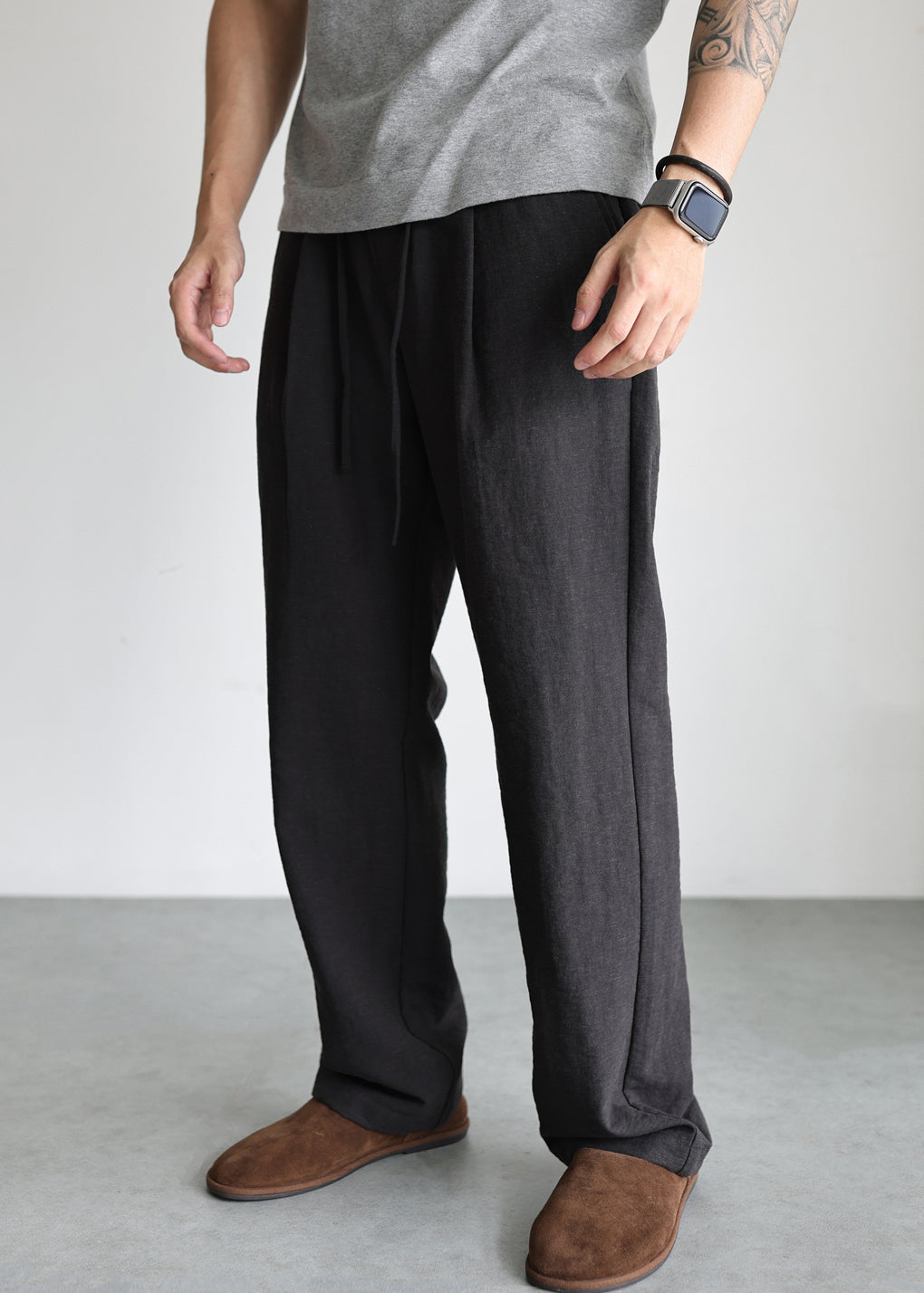 Black Pockets Linen Straight Pants Elastic Waist
