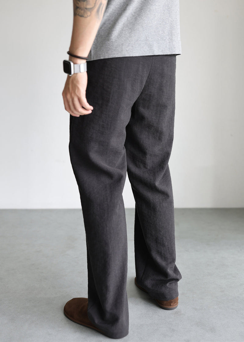 Black Pockets Linen Straight Pants Elastic Waist