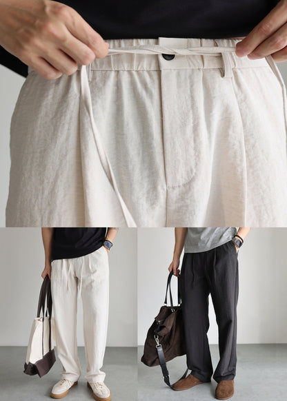 Black Pockets Linen Straight Pants Elastic Waist