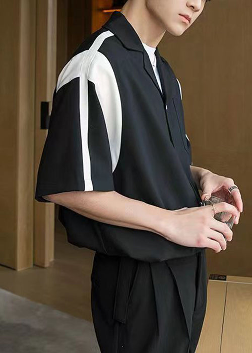Black Pockets Patchwork Cotton Shirts Peter Pan Collar Summer