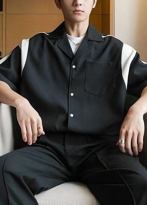 Black Pockets Patchwork Cotton Shirts Peter Pan Collar Summer