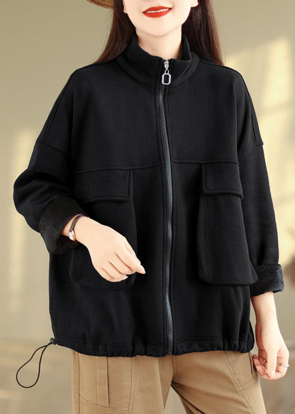Black Pockets Patchwork Warm Fleece Coat Zip Up Fall
