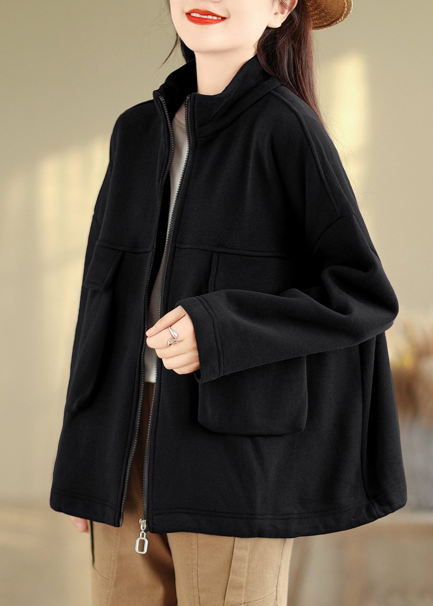 Black Pockets Patchwork Warm Fleece Coat Zip Up Fall