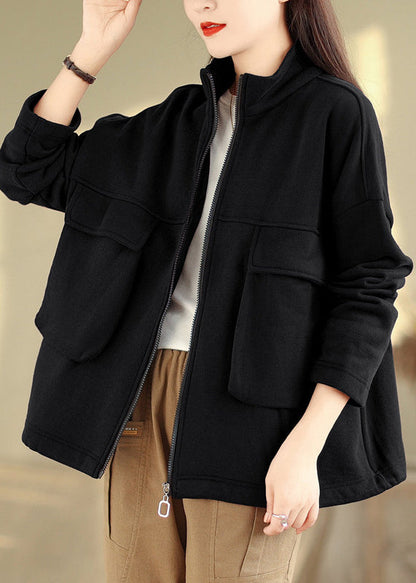 Black Pockets Patchwork Warm Fleece Coat Zip Up Fall