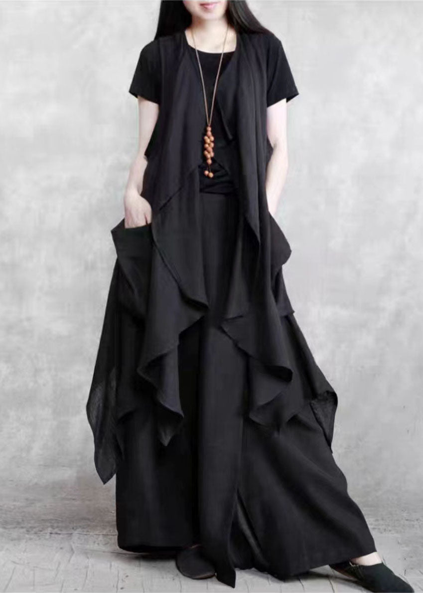 Black Pockets Patchwork Vest and Pants Linen Two Pieces Set Summer