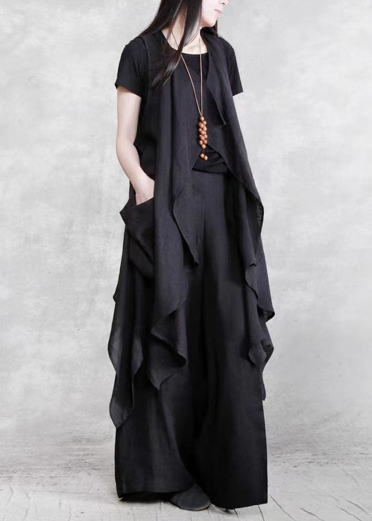 Black Pockets Patchwork Vest and Pants Linen Two Pieces Set Summer