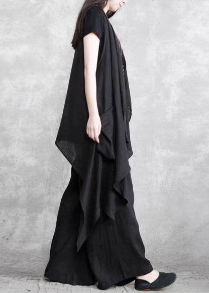Black Pockets Patchwork Vest and Pants Linen Two Pieces Set Summer