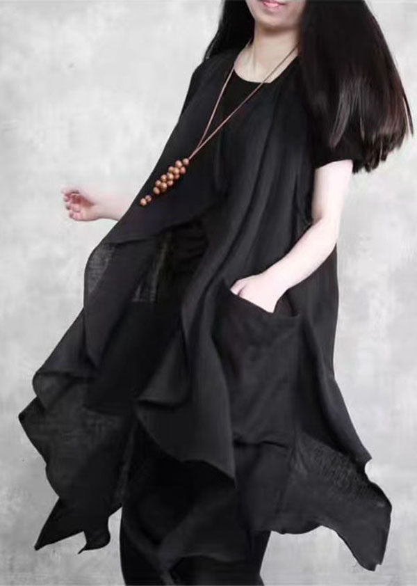 Black Pockets Patchwork Vest and Pants Linen Two Pieces Set Summer