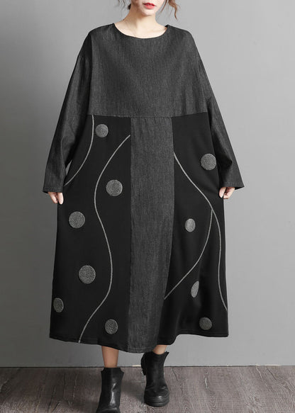 Black Pockets Patchwork Denim Maxi Dresses Embroideried Spring