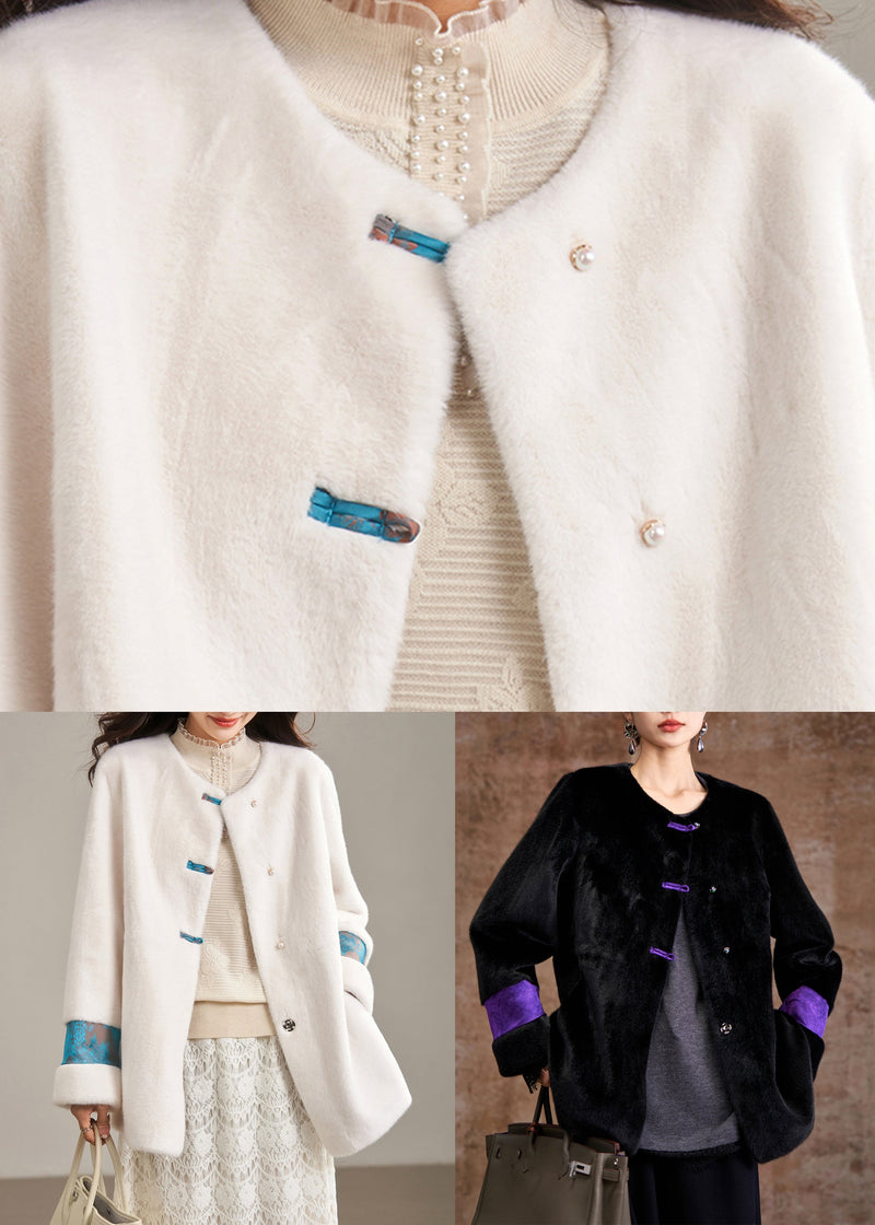 Black Pockets Print Leather and Fur Coat Winter