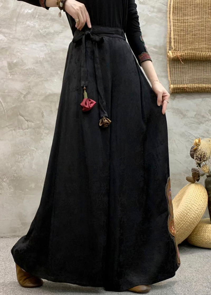 Black Pockets Silk Pants Embroidered Elastic Waist Fall