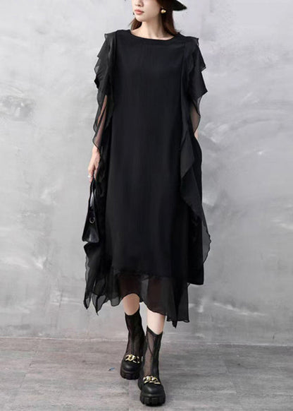 Black Pockets Chiffon Summer Dresses O Neck