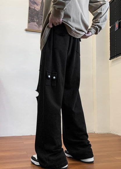 Black Pockets Cotton Spring Pants Elastic Waist