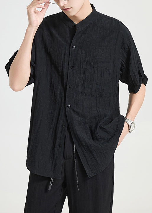 Black Pockets Cotton Shirts Stand Collar