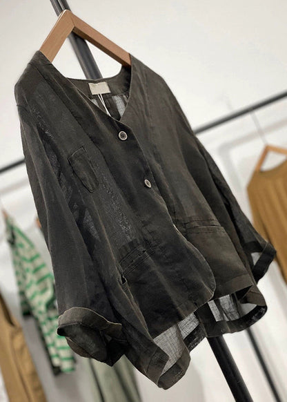 Black Pockets Linen Cardigan V Neck Long Sleeve