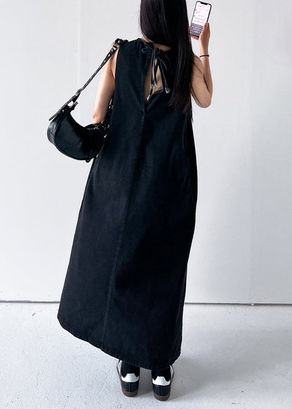 Black Pockets Long Dress O Neck Denim Summer