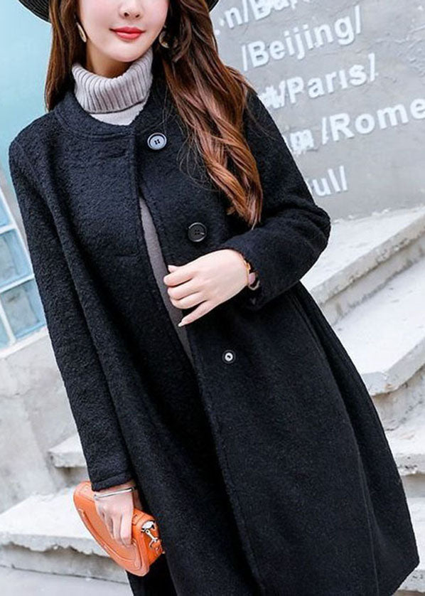Black Pockets Woolen Coat Outwear O-neck Button Winter