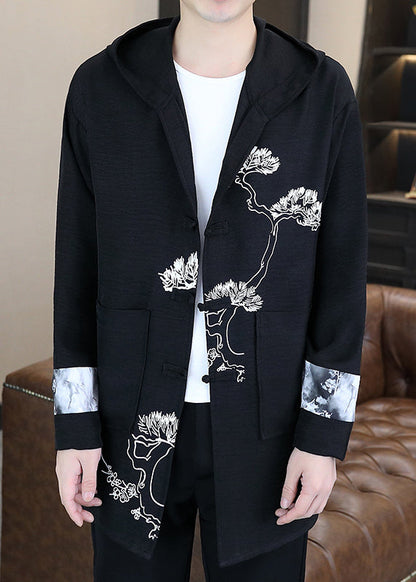 Black Print Button Hooded Coat Long Sleeve