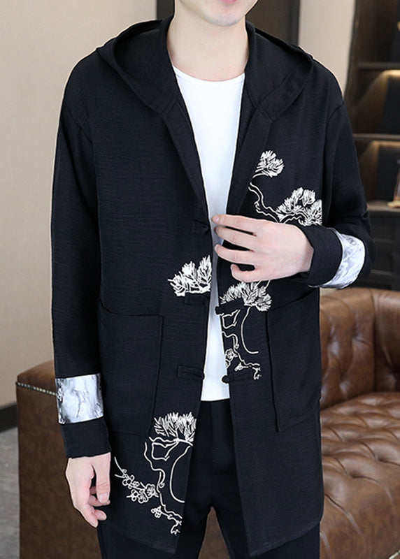 Black Print Button Hooded Coat Long Sleeve