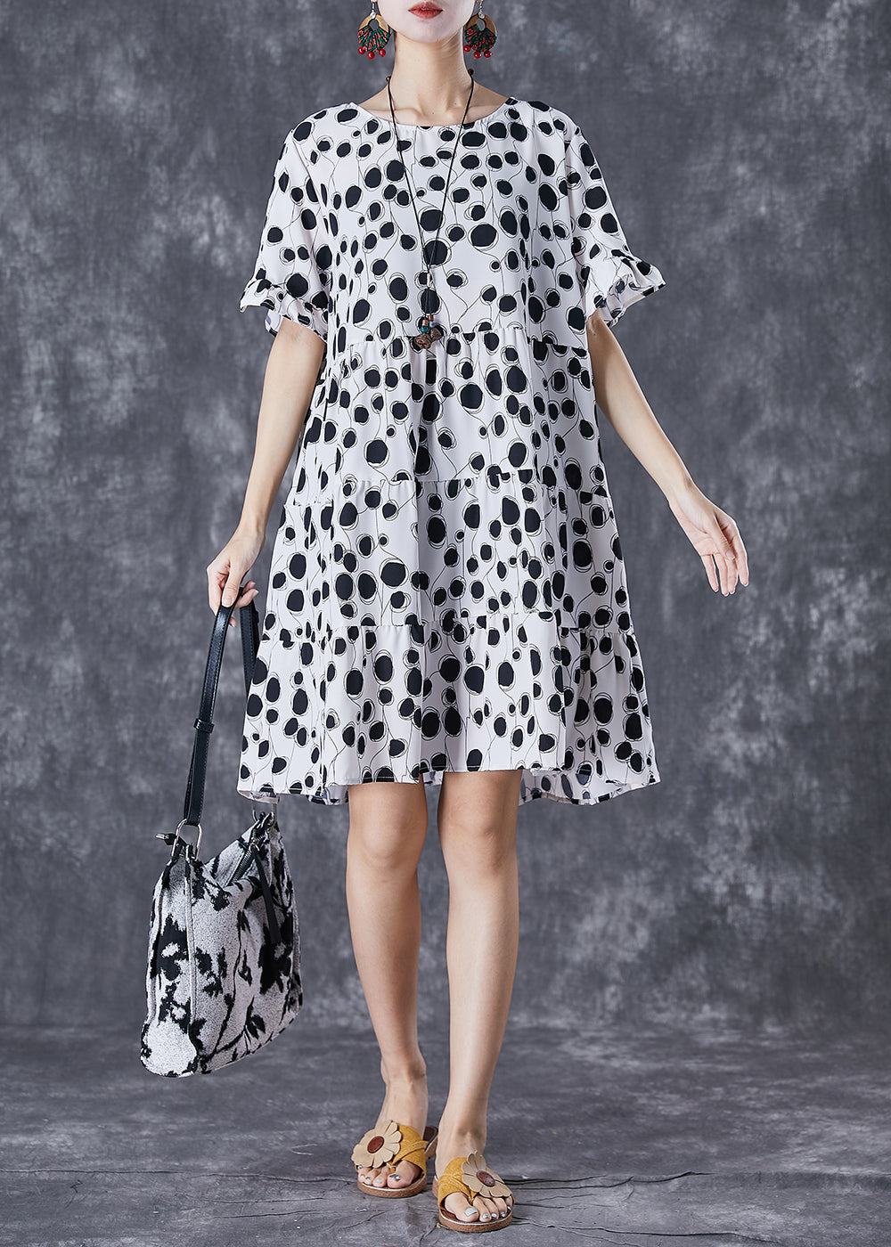 Black Print Chiffon Holiday Dresses O-neck Short Sleeve