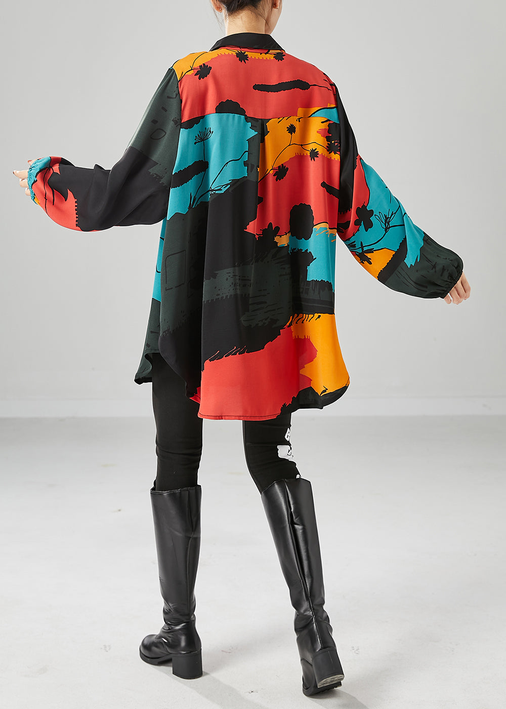 Black Print Chiffon Shirt Top Oversized Lantern Sleeve