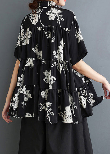 Black Print Cotton a Line Tops Oversized Summer