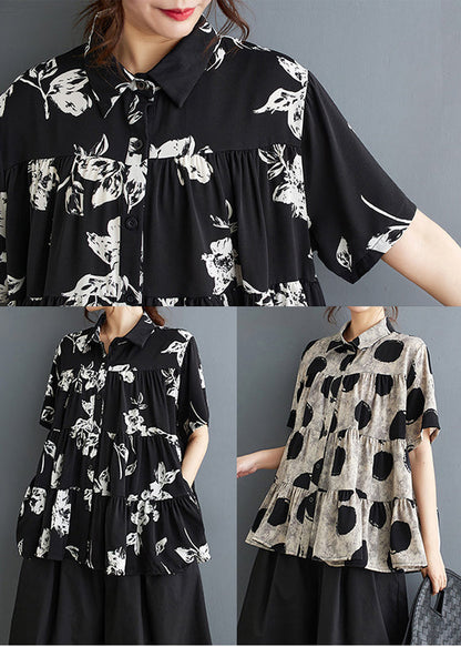 Black Print Cotton a Line Tops Oversized Summer
