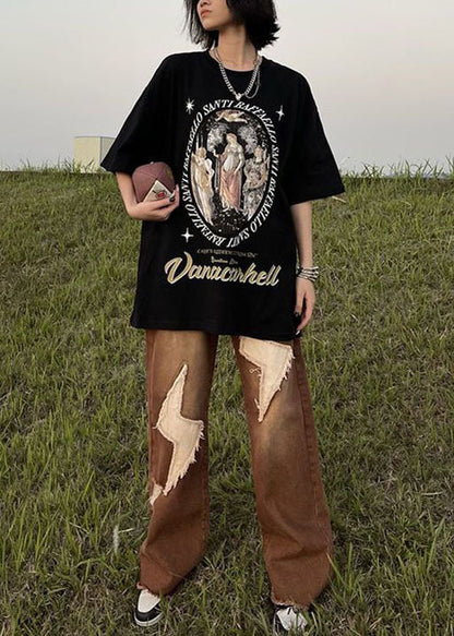 Black Print Cotton Tops T Shirt O Neck Summer