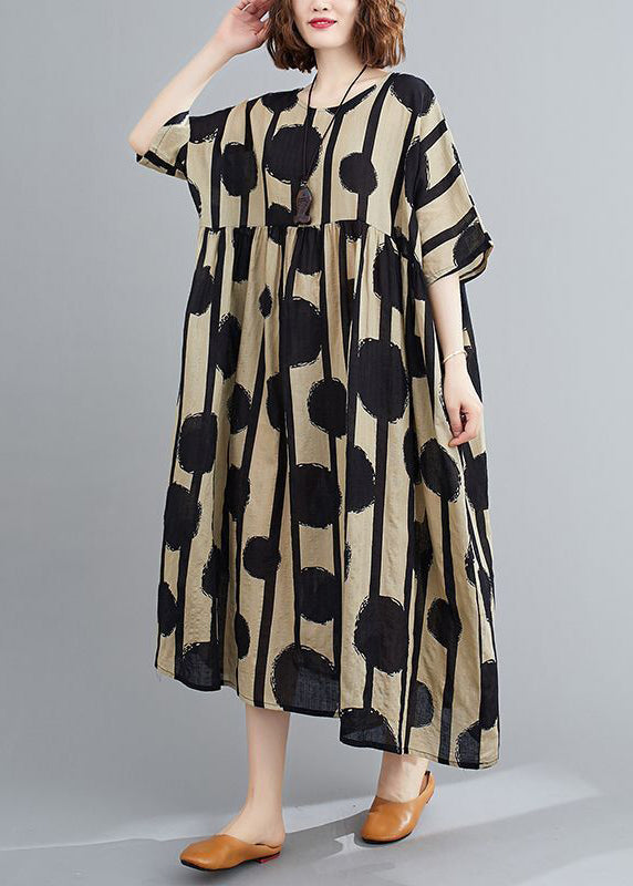 Black Print Cotton Long Dress O-neck Exra Large Hem Summer