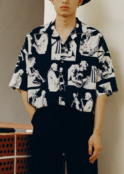 Black Print Cotton Shirt Peter Pan Collar Half Sleeve