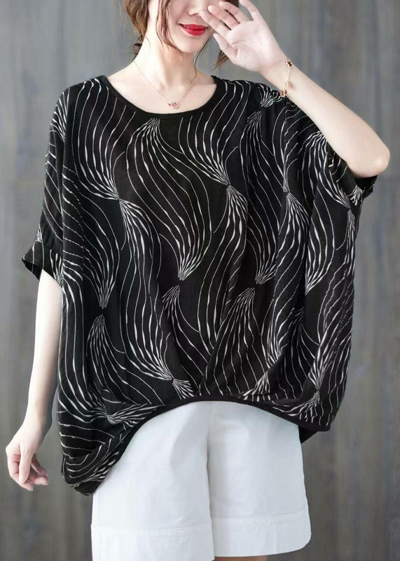 Black Print Cotton Tanks Wrinkled O-neck Batwing Sleeve
