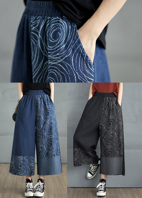 Black Print Denim Crop Pants Asymmetrical Design Summer