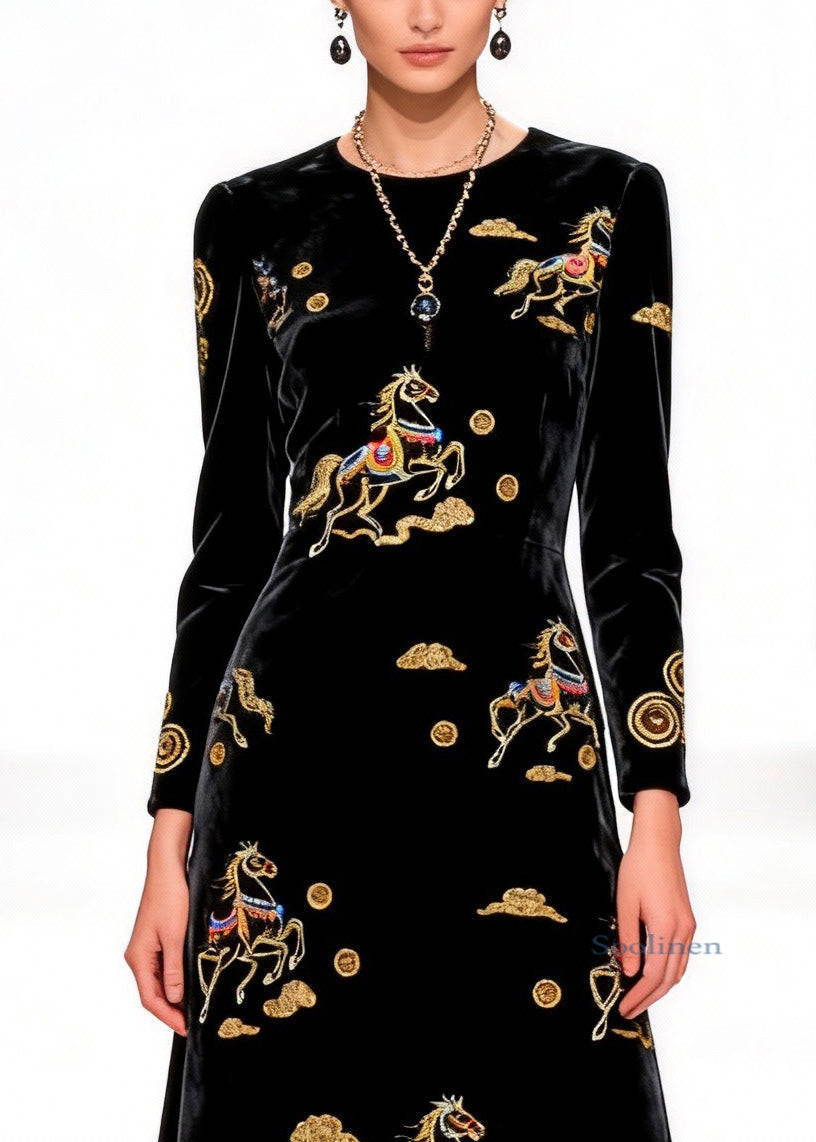 Black Print Horse Silk Velvet Long Dress O-neck Spring