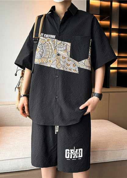 Black Print Patchwork Button Shirts and Shorts Two Piece Set Short Sleeve