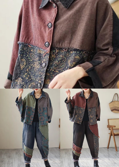 Black Print Patchwork Coats and Pants Denim Two Piece Suit Set Fall