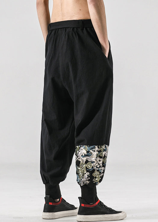Black Print Patchwork Cotton Beam Pants Elastic Waist Summer
