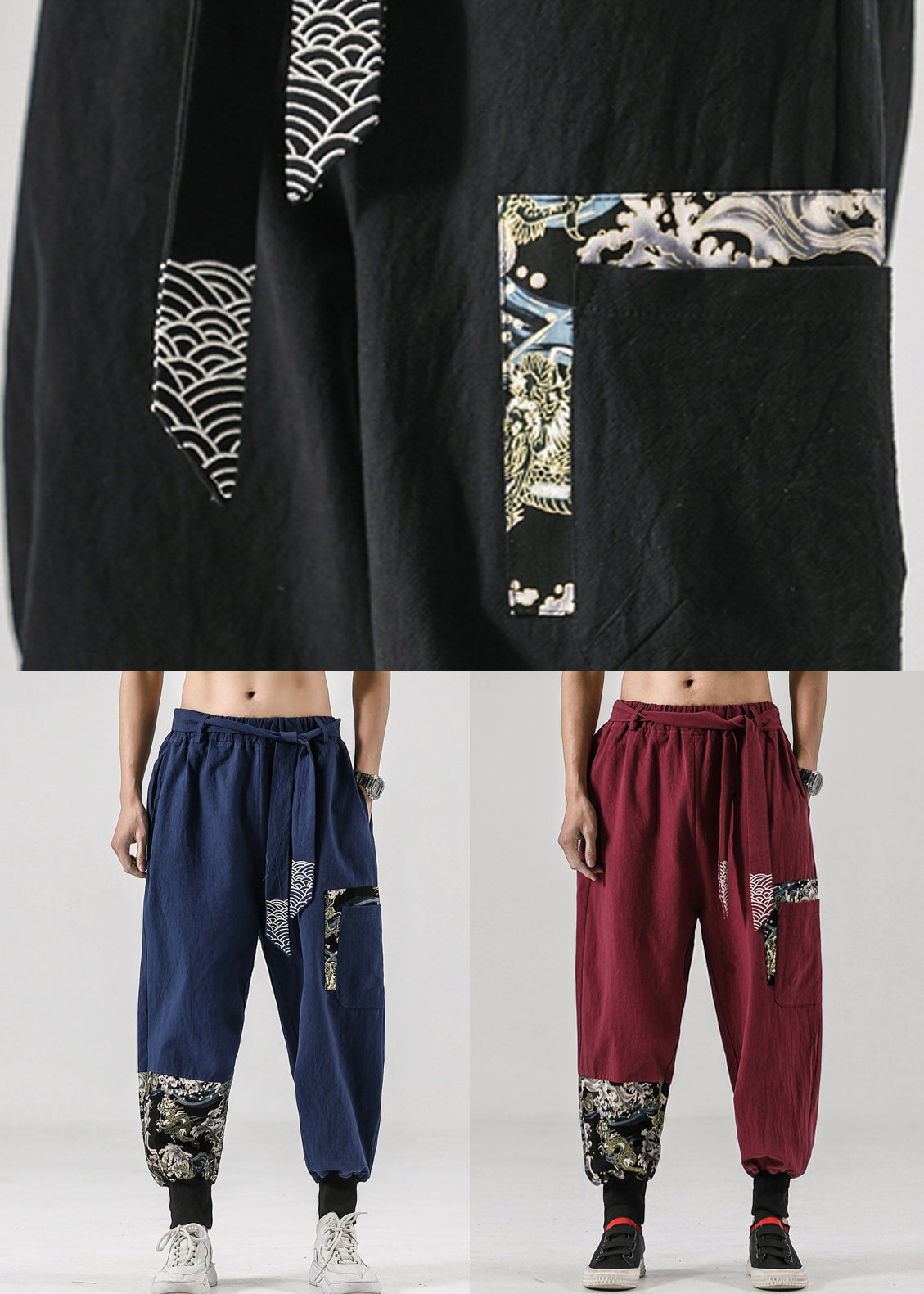 Black Print Patchwork Cotton Beam Pants Elastic Waist Summer
