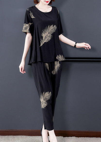 Black Print Patchwork Tops and Pants Cotton Two Pieces Set O-neck Summer
