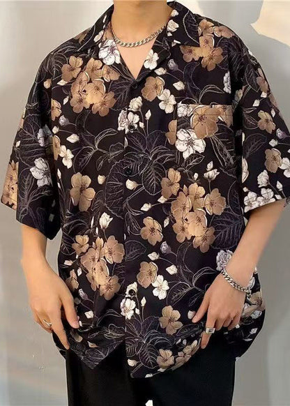 Black Print Pockets Cotton Shirts Peter Pan Collar Half Sleeve