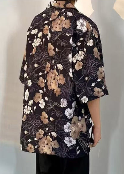 Black Print Pockets Cotton Shirts Peter Pan Collar Half Sleeve