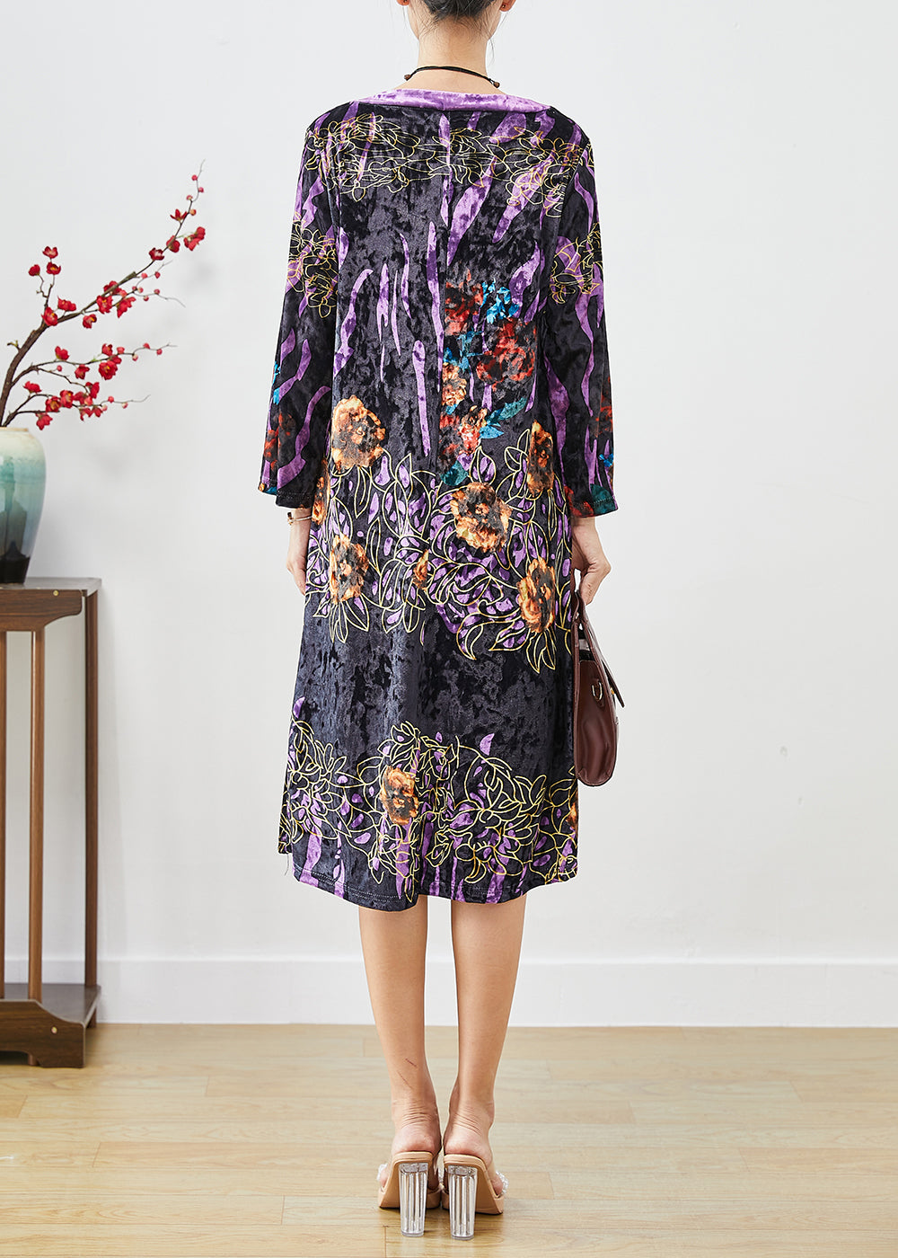 Black Print Silk Velour Mid Dress O-neck Fall