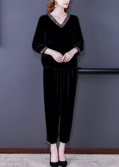 Black Print Silk Velour Top and Beam Pants Two Pieces Set Long Sleeve