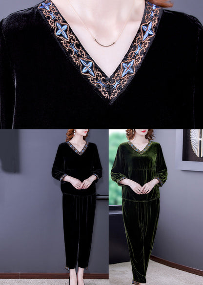 Black Print Silk Velour Top and Beam Pants Two Pieces Set Long Sleeve