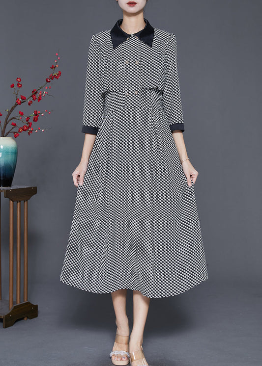Black Print Silm Fit Chiffon a Line Dress Double Breast Spring