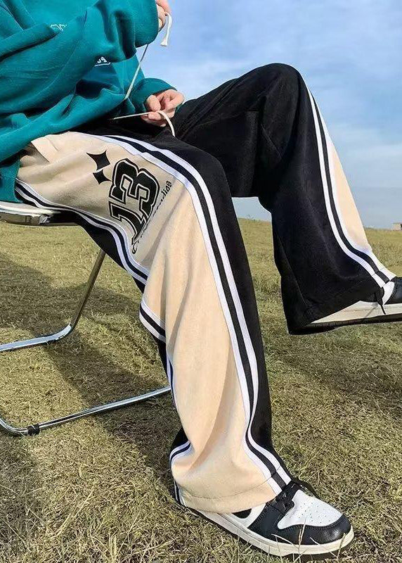 Black Print Striped Patchwork Cotton Pants Elastic Waist