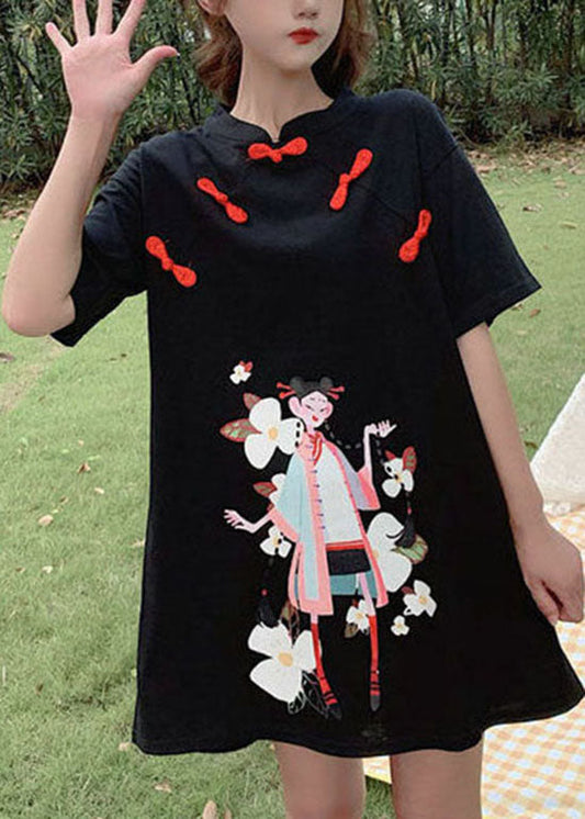 Black Print Student Dress Button Zip Up Short Sleeve