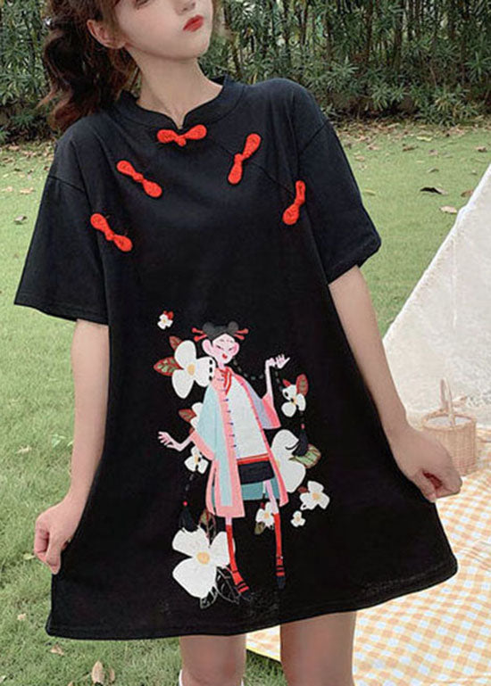 Black Print Student Dress Button Zip Up Short Sleeve