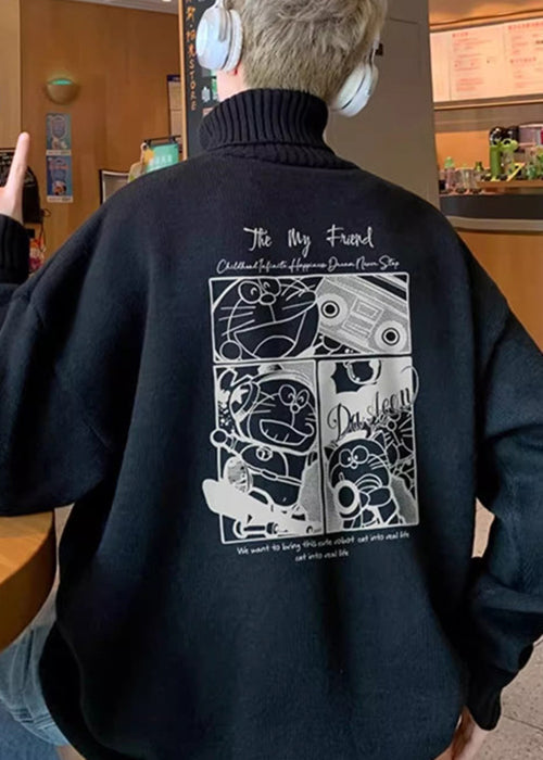 Black Print Thick Knit Sweaters Tops Turtleneck